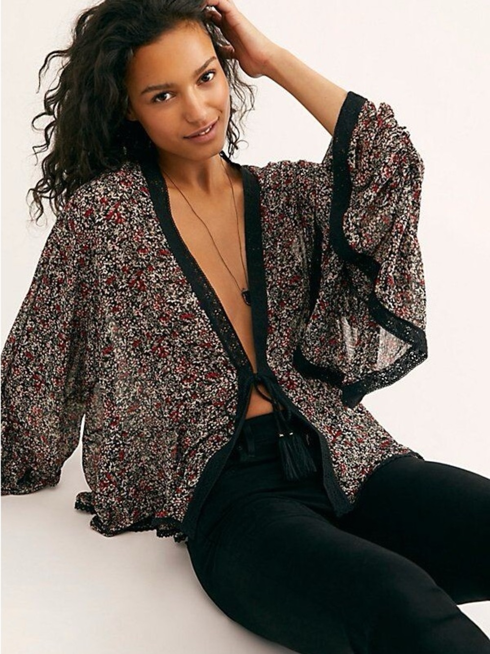 Free People Black-Trim Multi-Color Floral Tie-Front Lola Kimono
